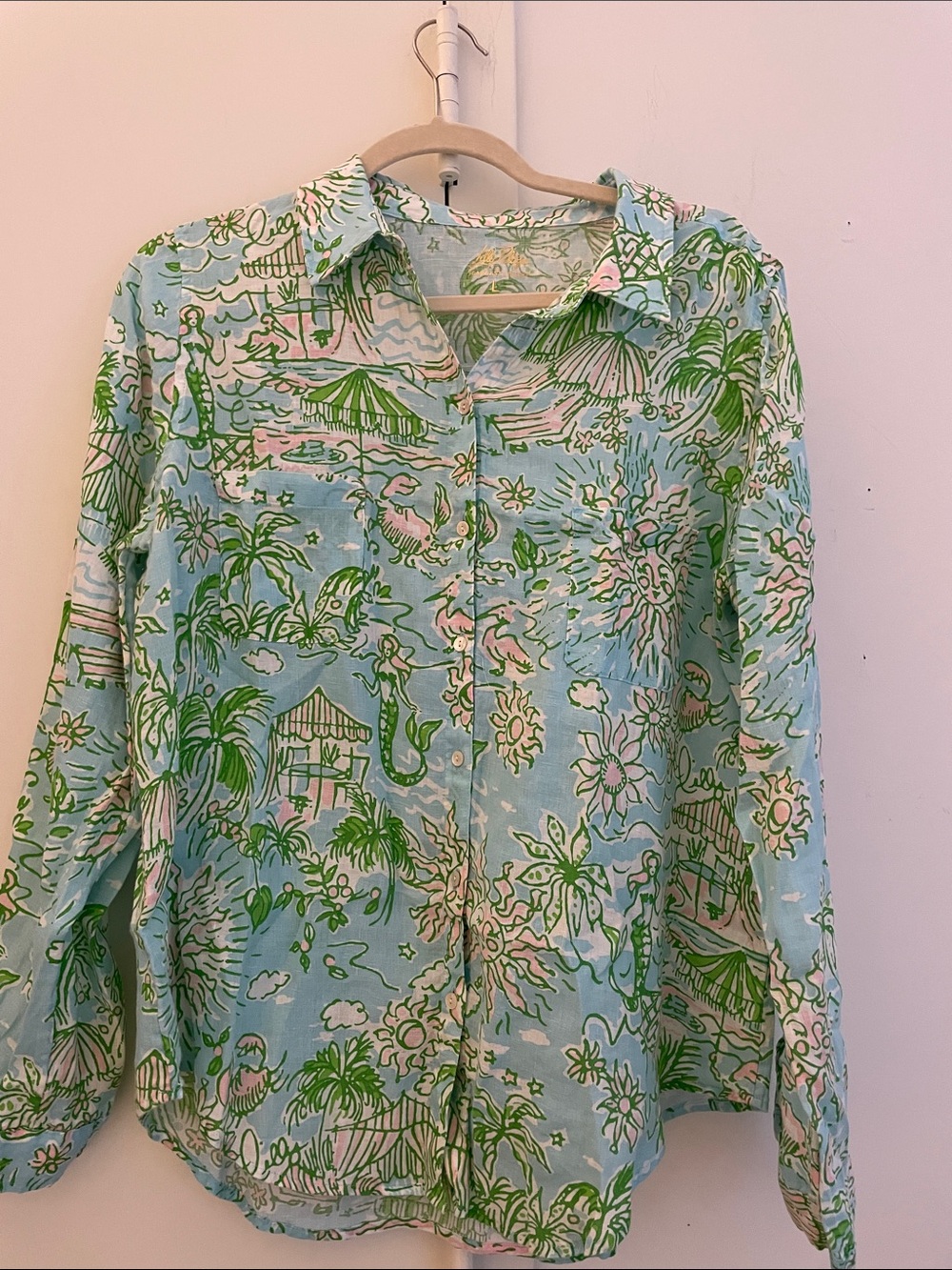 Lilly Pulitzer Sea View Linen Blue and Green Tropical Button-Down Shirt Large - Picture 2 of 6